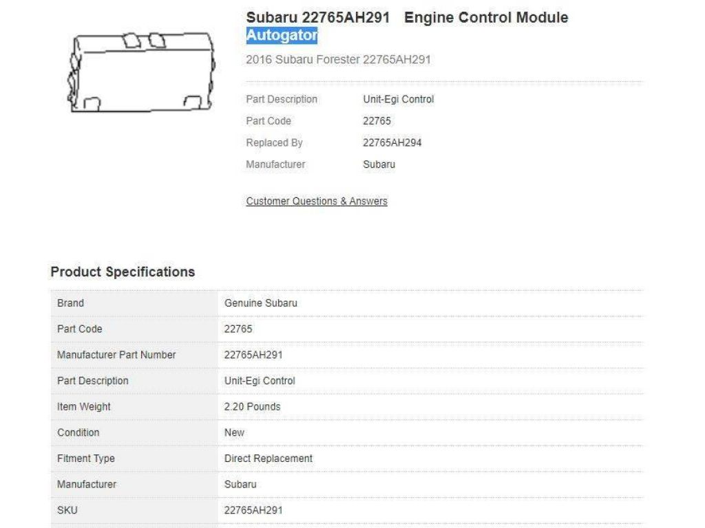22765AH291 | Блок керування двигуном SUBARU FORESTER 12-19 - Фото 6