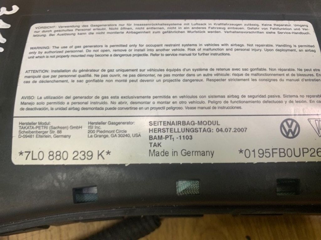 7L0 880 239 L | Подушка безопасности в сиденье лев. VOLKSWAGEN TOUAREG 02-10 - Фото 3