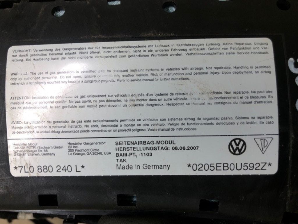 7L0 880 240 N | Подушка безпеки в сидінні прав. VOLKSWAGEN TOUAREG 02-10 - Фото 3