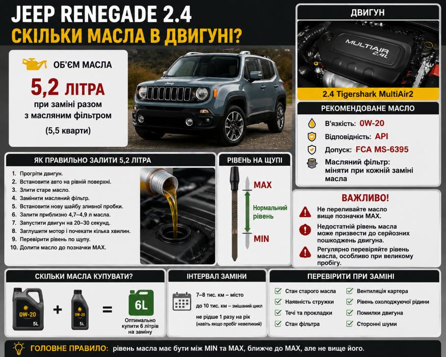 Jeep Renegade 2.4 сколько масла в двигателе? - фото 1